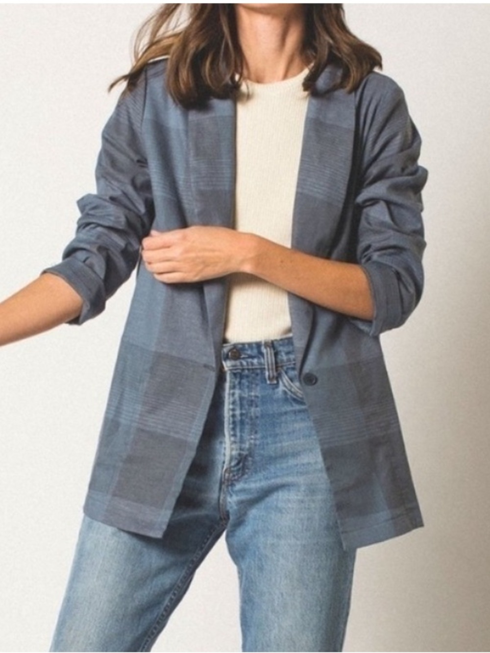LACAUSA Rooney Blazer jacket hemp plaid artsy lagenlook powder blue indie clean